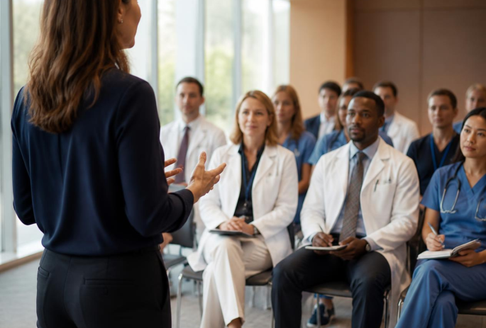 Conférencière devant des médecins